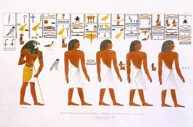 Freski z Grobowców Królów w Tebach, odkryte przez G. Belzoniego, tablica 6 z `Plates Illustrative of the Researches in Egypt and Nubia`, rytowane przez Charlesa Hullmandela (1789-1850) 1820-22 (lit.